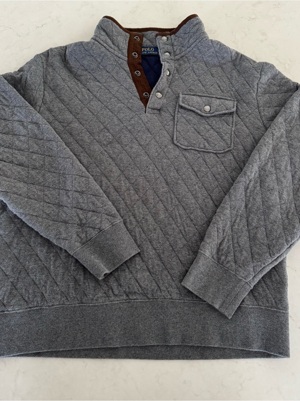 Polo By Ralph Lauren Quilted Gray Snap-Placket Sweater With Chest Pocket